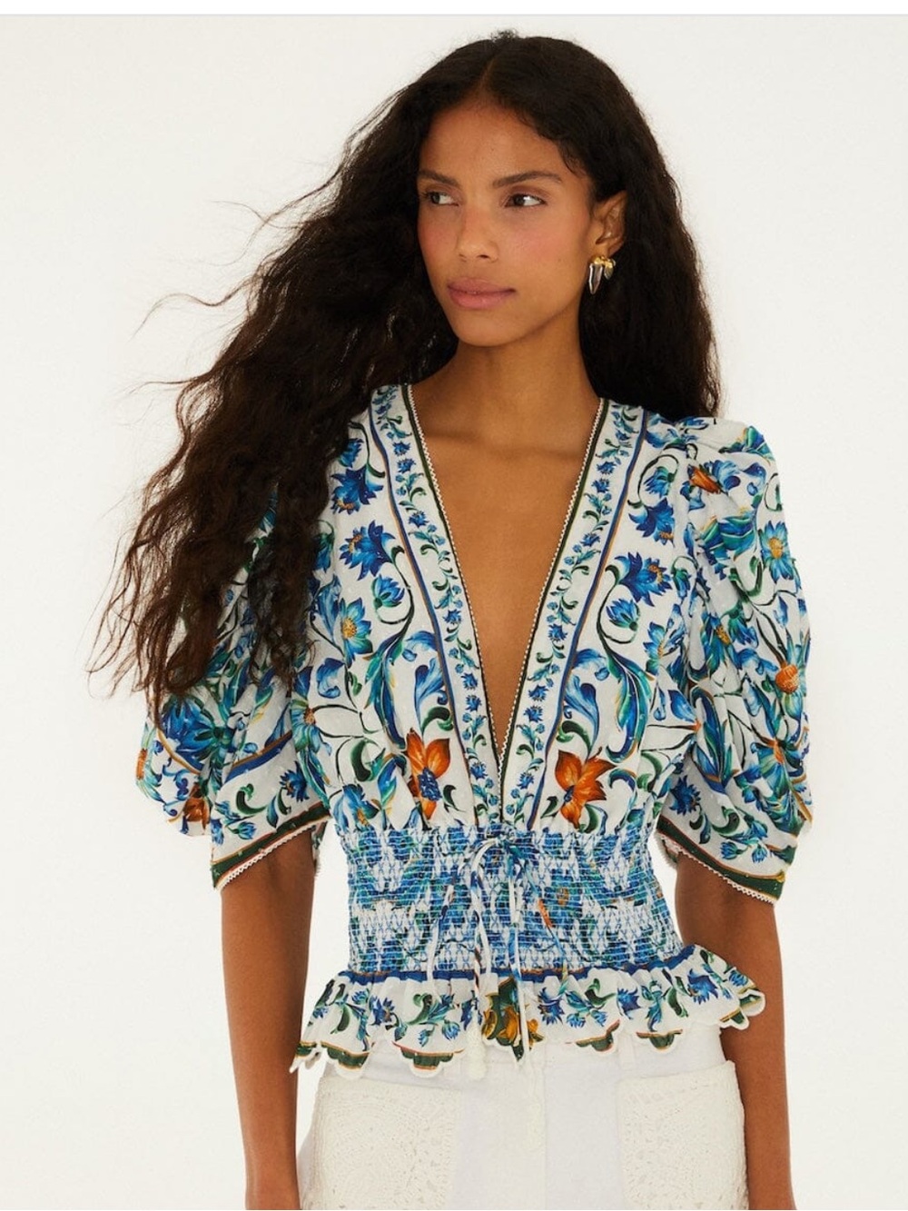 Farm Rio Floral V-Neck Smocked Waist Top - Blue & White